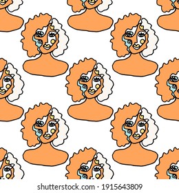 Creative seamless pattern with abstract female portraits. Continuous line drawing. Colorful line art illustration with women. International women's day.