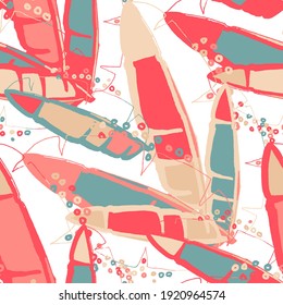 Creative seamless pattern with abstract tropical leaves. Hippie style. Colorful spring or summer background. Trendy botanical swimwear design. Fashion print for textile.