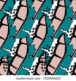 Patrón creativo sin fisuras con hojas tropicales abstractas. Estilo hippie. Primavera colorida o fondo de verano. Diseño moderno de bañeras botánicas. Impresión de moda para textiles.