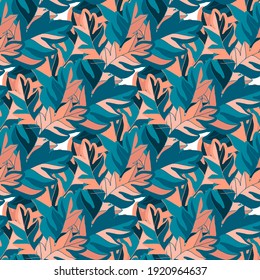 Creative seamless pattern with abstract tropical leaves. Hippie style. Colorful spring or summer background. Trendy botanical swimwear design. Fashion print for textile.