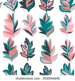 Creative seamless pattern with abstract tropical leaves. Hippie style. Colorful spring or summer background. Trendy botanical swimwear design. Fashion print for textile.