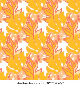 Creative seamless pattern with abstract tropical leaves. Hippie style. Colorful spring or summer background. Trendy botanical swimwear design. Fashion print for textile.