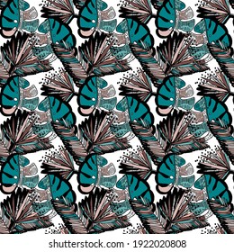 Creative seamless pattern with abstract tropical leaves. Hippie style. Colorful spring or summer background. Trendy botanical swimwear design. Fashion print for textile.