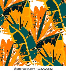 Creative seamless pattern with abstract tropical leaves. Hippie style. Colorful spring or summer background. Trendy botanical swimwear design. Fashion print for textile.