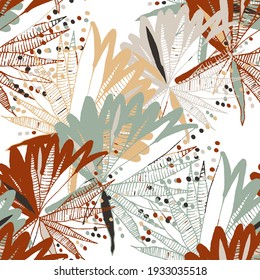 Creative seamless pattern with abstract tropical leaves. Hippie style. Colorful spring or summer background. Trendy botanical swimwear design. Fashion print for textile.	