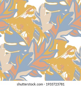 Creative seamless pattern with abstract tropical leaves. Hippie style. Colorful spring or summer background. Trendy botanical swimwear design. Fashion print for textile.	