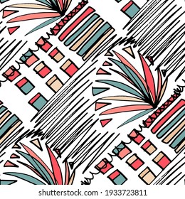 Creative seamless pattern with abstract tropical leaves. Hippie style. Colorful spring or summer background. Trendy botanical swimwear design. Fashion print for textile.	