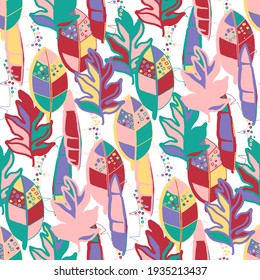 Creative seamless pattern with abstract tropical leaves. Hippie style. Colorful spring or summer background. Trendy botanical swimwear design. Fashion print for textile.	