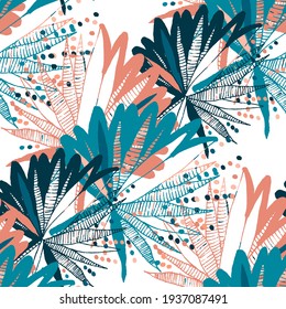 Creative seamless pattern with abstract tropical leaves. Hippie style. Colorful spring or summer background. Trendy botanical swimwear design. Fashion print for textile.	