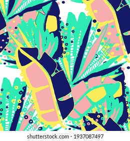 Creative seamless pattern with abstract tropical leaves. Hippie style. Colorful spring or summer background. Trendy botanical swimwear design. Fashion print for textile.	