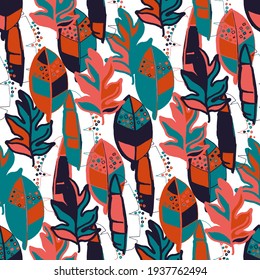 Creative seamless pattern with abstract tropical leaves. Hippie style. Colorful spring or summer background. Trendy botanical swimwear design. Fashion print for textile.	