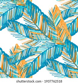 Creative Seamless Pattern With Abstract Tropical Leaves. Hippie Style. Colorful Spring Or Summer Background. Trendy Botanical Swimwear Design. Fashion Print For Textile.	