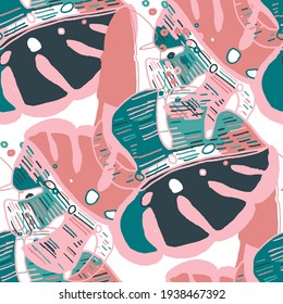 Creative seamless pattern with abstract tropical leaves. Hippie style. Colorful spring or summer background. Trendy botanical swimwear design. Fashion print for textile.