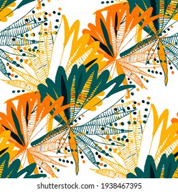 Creative seamless pattern with abstract tropical leaves. Hippie style. Colorful spring or summer background. Trendy botanical swimwear design. Fashion print for textile.