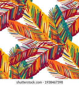 Creative seamless pattern with abstract tropical leaves. Hippie style. Colorful spring or summer background. Trendy botanical swimwear design. Fashion print for textile.