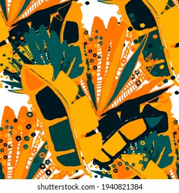 Creative seamless pattern with abstract tropical leaves. Hippie style. Colorful spring or summer background. Trendy botanical swimwear design. Fashion print for textile.	