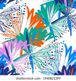 Creative seamless pattern with abstract tropical leaves. Hippie style. Colorful spring or summer background. Trendy botanical swimwear design. Fashion print for textile.	