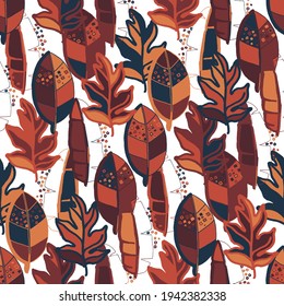 Creative seamless pattern with abstract tropical leaves. Hippie style. Colorful spring or summer background. Trendy botanical swimwear design. Fashion print for textile.	
