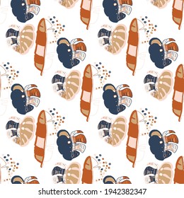 Creative seamless pattern with abstract tropical leaves. Hippie style. Colorful spring or summer background. Trendy botanical swimwear design. Fashion print for textile.	