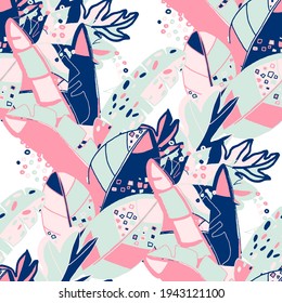 Creative seamless pattern with abstract tropical leaves. Hippie style. Colorful spring or summer background. Trendy botanical swimwear design. Fashion print for textile.	