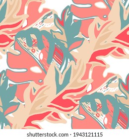 Creative seamless pattern with abstract tropical leaves. Hippie style. Colorful spring or summer background. Trendy botanical swimwear design. Fashion print for textile.	