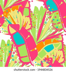 Creative seamless pattern with abstract tropical leaves. Hippie style. Colorful spring or summer background. Trendy botanical swimwear design. Fashion print for textile.	