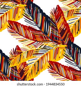 Creative seamless pattern with abstract tropical leaves. Hippie style. Colorful spring or summer background. Trendy botanical swimwear design. Fashion print for textile.	