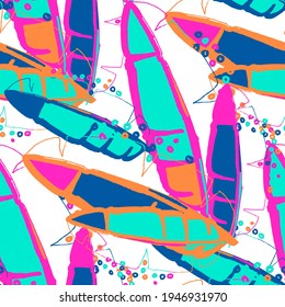Creative seamless pattern with abstract tropical leaves. Hippie style. Colorful spring or summer background. Trendy botanical swimwear design. Fashion print for textile.	