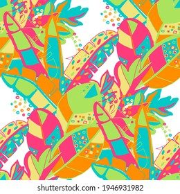 Creative seamless pattern with abstract tropical leaves. Hippie style. Colorful spring or summer background. Trendy botanical swimwear design. Fashion print for textile.	