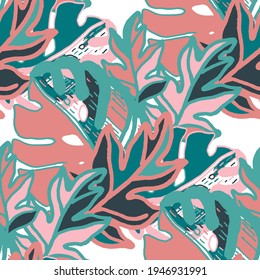 Creative seamless pattern with abstract tropical leaves. Hippie style. Colorful spring or summer background. Trendy botanical swimwear design. Fashion print for textile.	