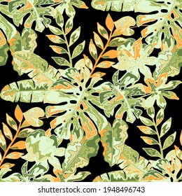 Creative seamless pattern with abstract tropical leaves. Hippie style. Colorful spring or summer background. Trendy botanical swimwear design. Fashion print for textile.	