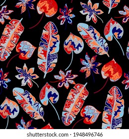 Creative seamless pattern with abstract tropical leaves. Hippie style. Colorful spring or summer background. Trendy botanical swimwear design. Fashion print for textile.	