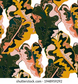 Creative seamless pattern with abstract tropical leaves. Hippie style. Colorful spring or summer background. Trendy botanical swimwear design. Fashion print for textile.	