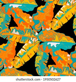 Creative seamless pattern with abstract tropical leaves. Hippie style. Colorful spring or summer background. Trendy botanical swimwear design. Fashion print for textile.	