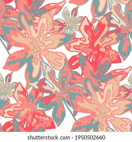 Creative seamless pattern with abstract tropical leaves. Hippie style. Colorful spring or summer background. Trendy botanical swimwear design. Fashion print for textile.	