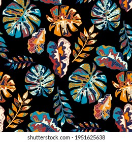 Patrón creativo sin fisuras con hojas tropicales abstractas. Estilo hippie. Primavera colorida o fondo de verano. Diseño moderno de bañeras botánicas. Impresión de moda para textiles.	