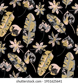Creative seamless pattern with abstract tropical leaves. Hippie style. Colorful spring or summer background. Trendy botanical swimwear design. Fashion print for textile.	