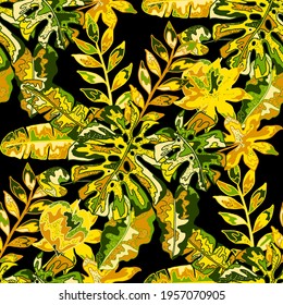 Creative seamless pattern with abstract tropical leaves. Hippie style. Colorful spring or summer background. Trendy botanical swimwear design. Fashion print for textile.	