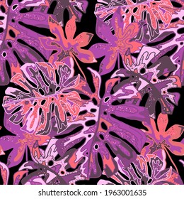 Creative seamless pattern with abstract tropical leaves. Hippie style. Colorful spring or summer background. Trendy botanical swimwear design. Fashion print for textile.	