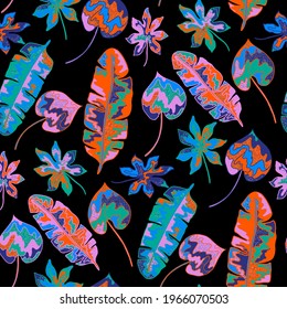Creative seamless pattern with abstract tropical leaves. Hippie style. Colorful spring or summer background. Trendy botanical swimwear design. Fashion print for textile.	