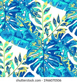 Creative seamless pattern with abstract tropical leaves. Hippie style. Colorful spring or summer background. Trendy botanical swimwear design. Fashion print for textile.	