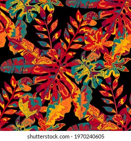 Creative seamless pattern with abstract tropical leaves. Hippie style. Colorful spring or summer background. Trendy botanical swimwear design. Fashion print for textile.	