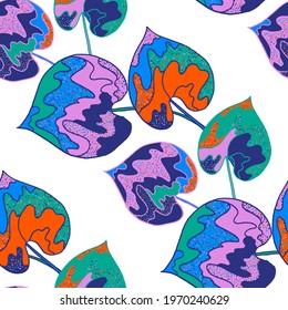 Creative seamless pattern with abstract tropical leaves. Hippie style. Colorful spring or summer background. Trendy botanical swimwear design. Fashion print for textile.	