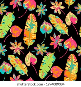 Creative seamless pattern with abstract tropical leaves. Hippie style. Colorful spring or summer background. Trendy botanical swimwear design. Fashion print for textile.	