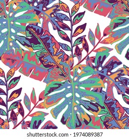 Creative seamless pattern with abstract tropical leaves. Hippie style. Colorful spring or summer background. Trendy botanical swimwear design. Fashion print for textile.	