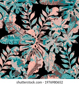 Creative seamless pattern with abstract tropical leaves. Hippie style. Colorful spring or summer background. Trendy botanical swimwear design. Fashion print for textile.	
