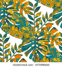 Creative seamless pattern with abstract tropical leaves. Hippie style. Colorful spring or summer background. Trendy botanical swimwear design. Fashion print for textile.	