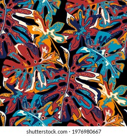 Creative seamless pattern with abstract tropical leaves. Hippie style. Colorful spring or summer background. Trendy botanical swimwear design. Fashion print for textile.	