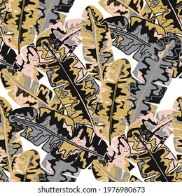 Creative seamless pattern with abstract tropical leaves. Hippie style. Colorful spring or summer background. Trendy botanical swimwear design. Fashion print for textile.	