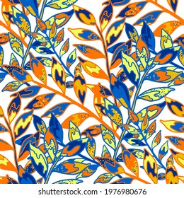 Creative seamless pattern with abstract tropical leaves. Hippie style. Colorful spring or summer background. Trendy botanical swimwear design. Fashion print for textile.	